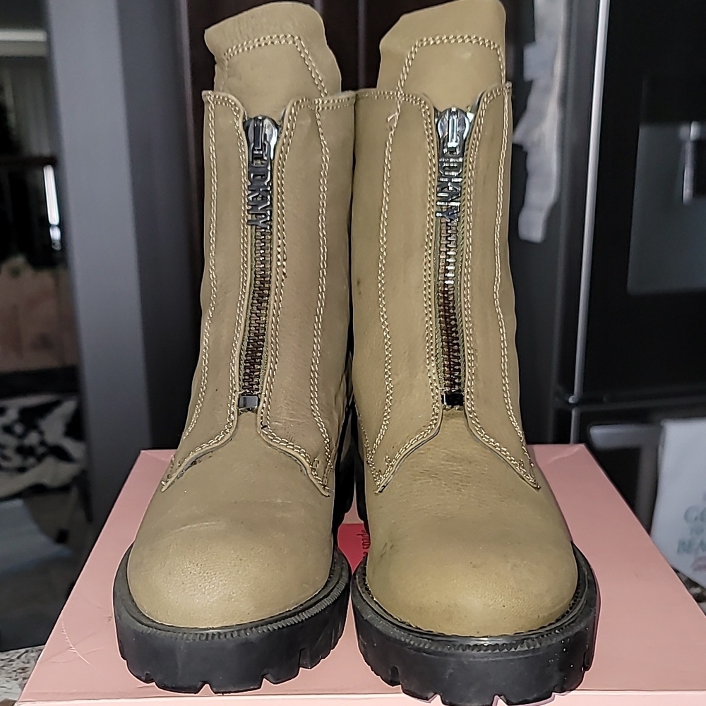 Dkny Light khaki/Tan Combat Boots with Front Zipper and Thick Rubber Sole